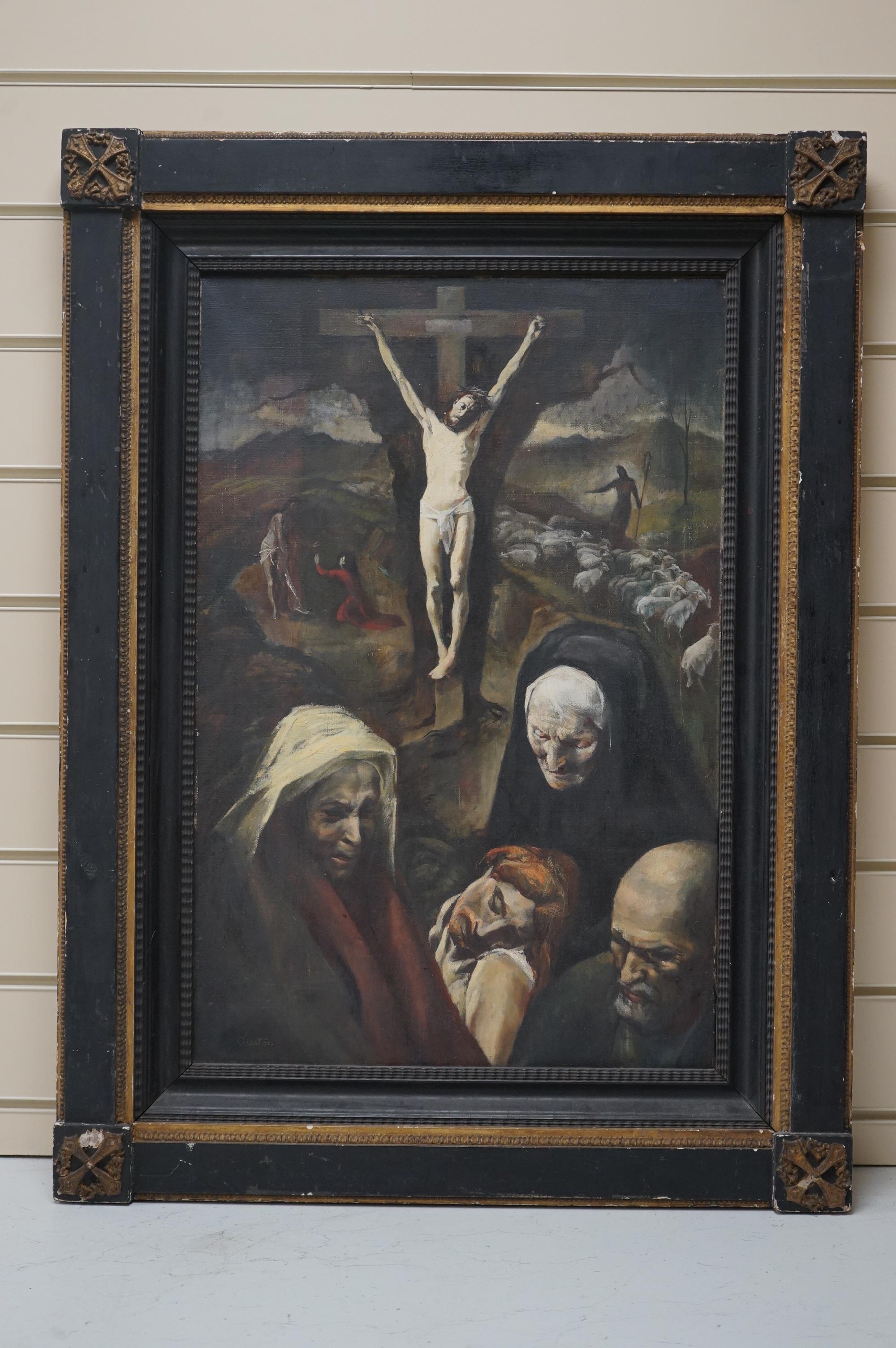 20th century School, oil on canvas, Crucifixion scene with mourners, indistinctly signed lower left, 60 x 39cm, housed in a Dutch ebonised ripple moulded frame. Condition - good